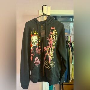 Ed Hardy Mens Zip Hoodie Large Black Skull Snake Tattoo Y2K Streetwear. NWT